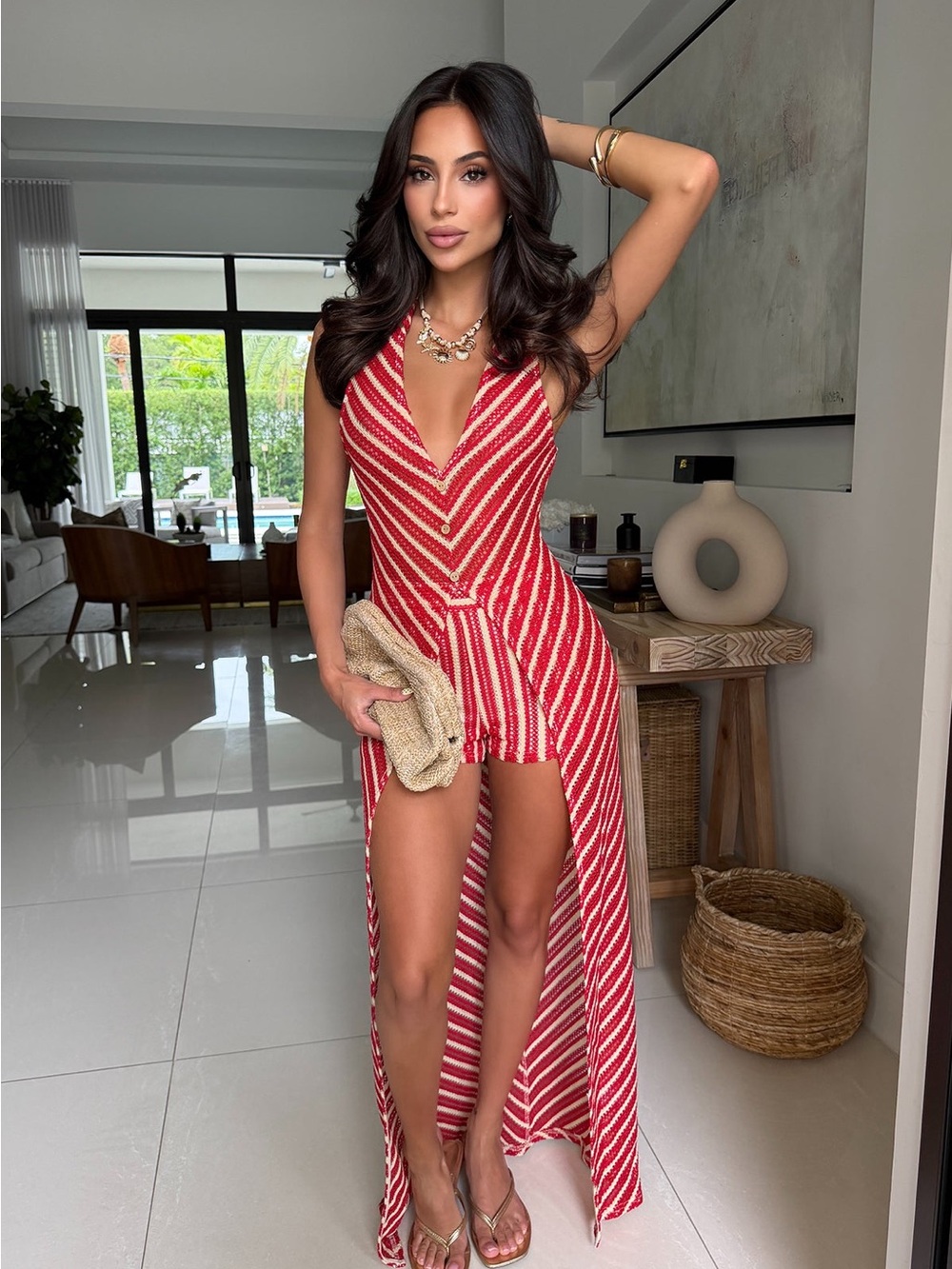 Red & Cream Striped Knit Two-Piece Set with Duster